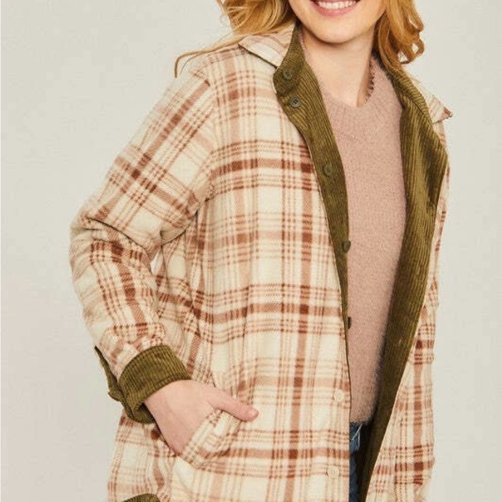 Love Tree Shacket Jacket Women Large Olive Reversible Corduroy Plaid Flannel NWT